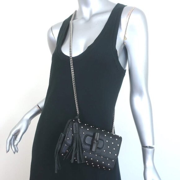 Gucci Miss Bamboo Studded Small Crossbody Black Leather Chain Strap Shoulder Bag